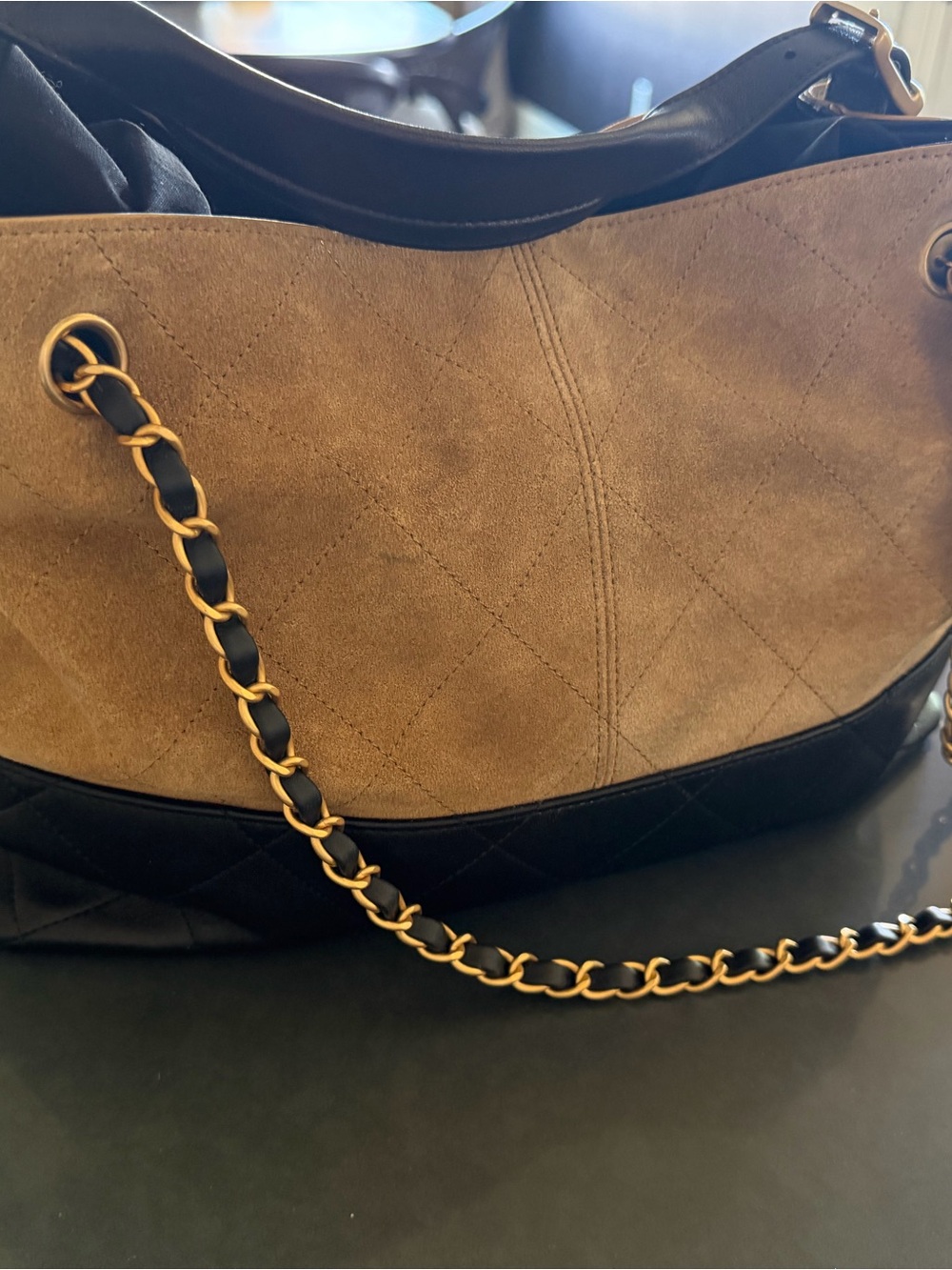 Chanel Two-Tone Suede & Leather Shoulder Bag in Beige and Black - Picture 7 of 16